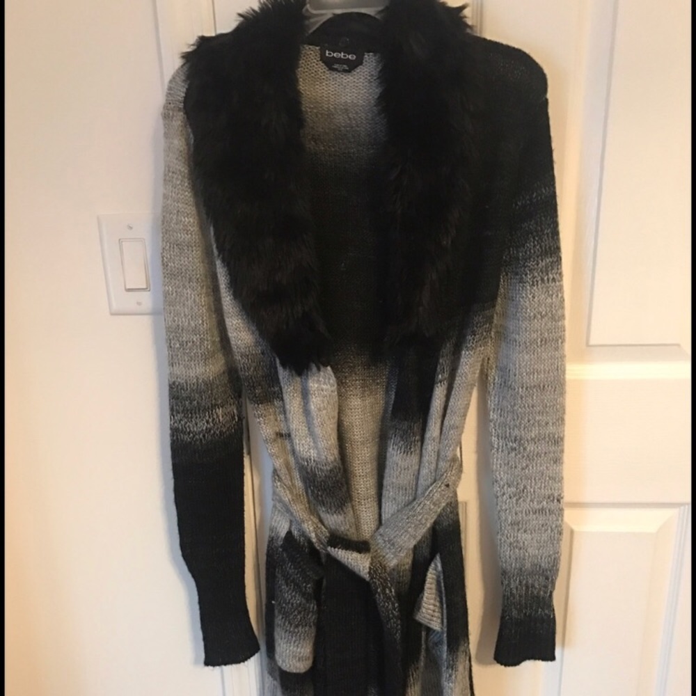Bebe Duster sweater with faux fur collar